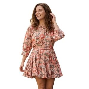Aakaa Mini Dress Womens Medium Peach Floral Boho Braided Belt Fit & Flare